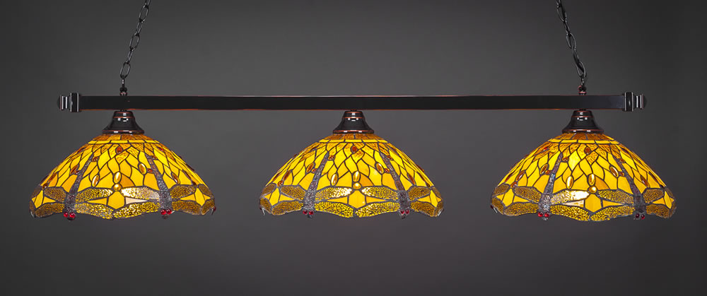 Square 3 Light Billiard Light Shown In Black Copper Finish With 16" Amber Dragonfly Tiffany Glass