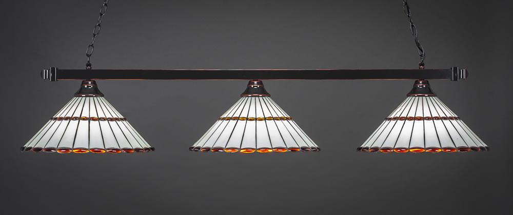 Square 3 Light Bar Shown In Black Copper Finish With 15.5" Honey Glass & Amber Brown Jewels Tiffany Glass