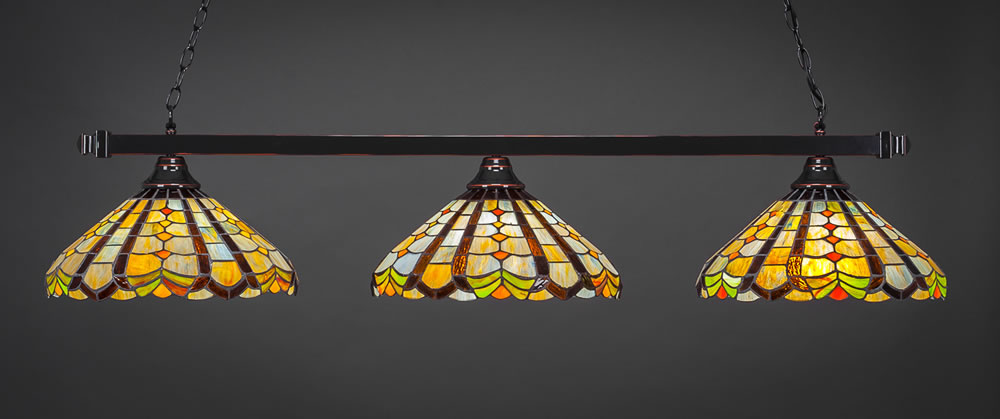 Square 3 Light Billiard Light Shown In Black Copper Finish With 15" Paradise Tiffany Glass