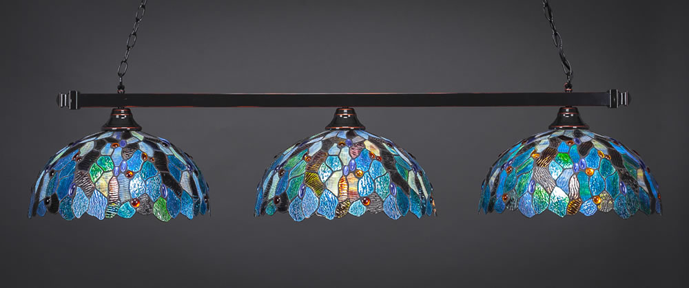 Square 3 Light Bar Shown In Black Copper Finish With 16" Blue Mosaic Tiffany Glass