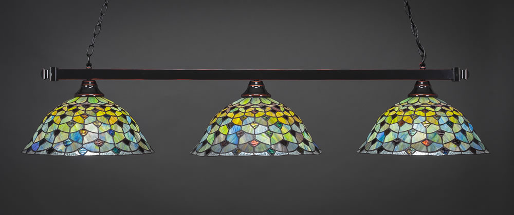 Square 3 Light Bar Shown In Black Copper Finish With 16" Crescent Tiffany Glass