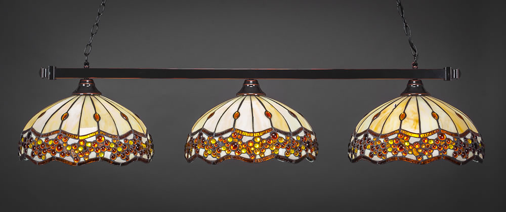 Square 3 Light Billiard Light Shown In Black Copper Finish With 16" Roman Jewel Tiffany Glass