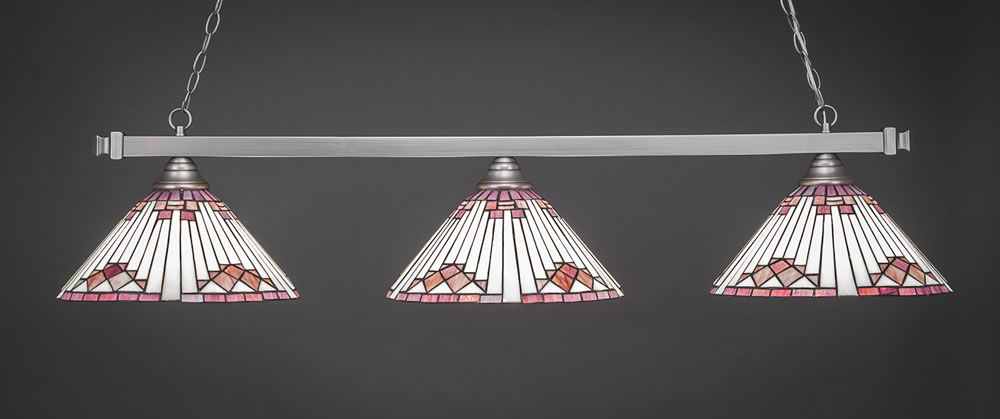 Square 3 Light Bar Shown In Brushed Nickel Finish With 15" Purple Sunray Tiffany Glass