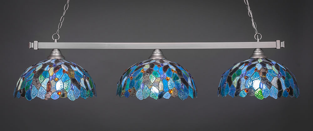 Square 3 Light Bar Shown In Brushed Nickel Finish With 16" Blue Mosaic Tiffany Glass