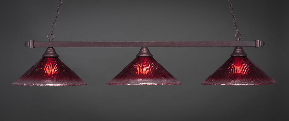 Square 3 Light Billiard Light Shown In Bronze Finish With 16" Raspberry Crystal Glass