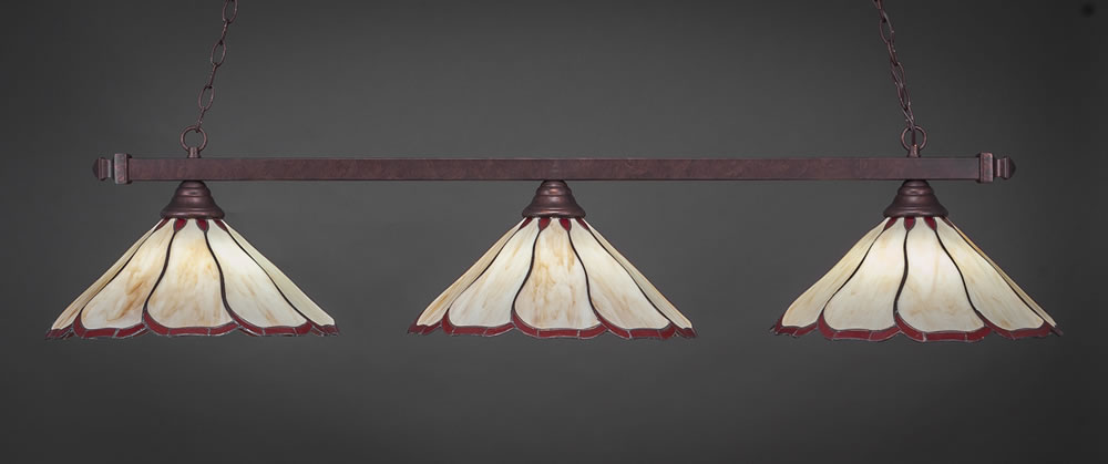 Square 3 Light Billiard Light Shown In Bronze Finish With 16" Honey & Burgundy Flair Tiffany Glass