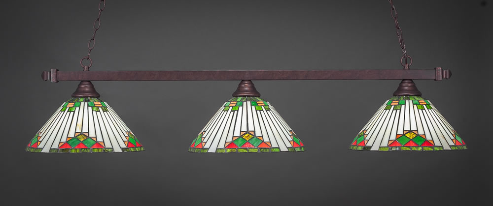 Square 3 Light Billiard Light Shown In Bronze Finish With 15" Green Sunray Tiffany Glass