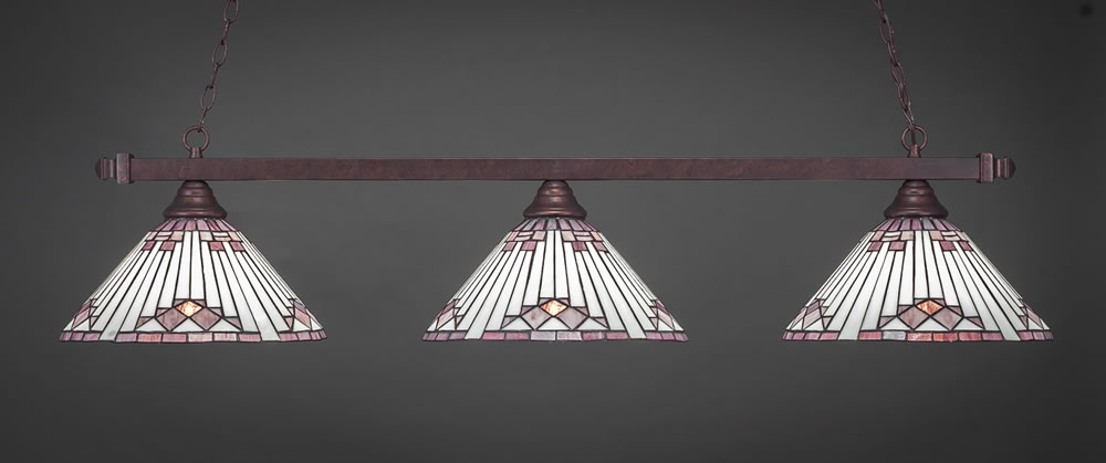 Square 3 Light Billiard Light Shown In Bronze Finish With 15" Purple Sunray Tiffany Glass
