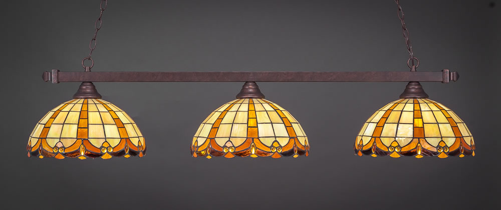 Square 3 Light Billiard Light Shown In Bronze Finish With 14.5" Butterscotch Tiffany Glass