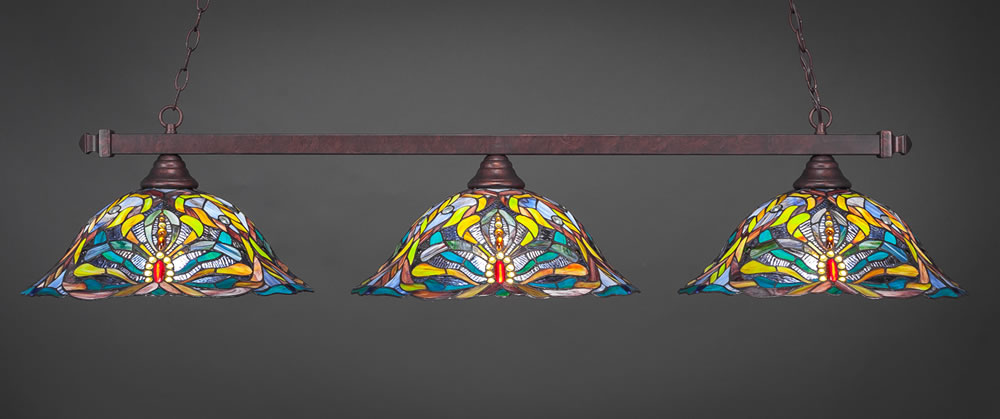 Square 3 Light Billiard Light Shown In Bronze Finish With 19" Kaleidoscope Tiffany Glass