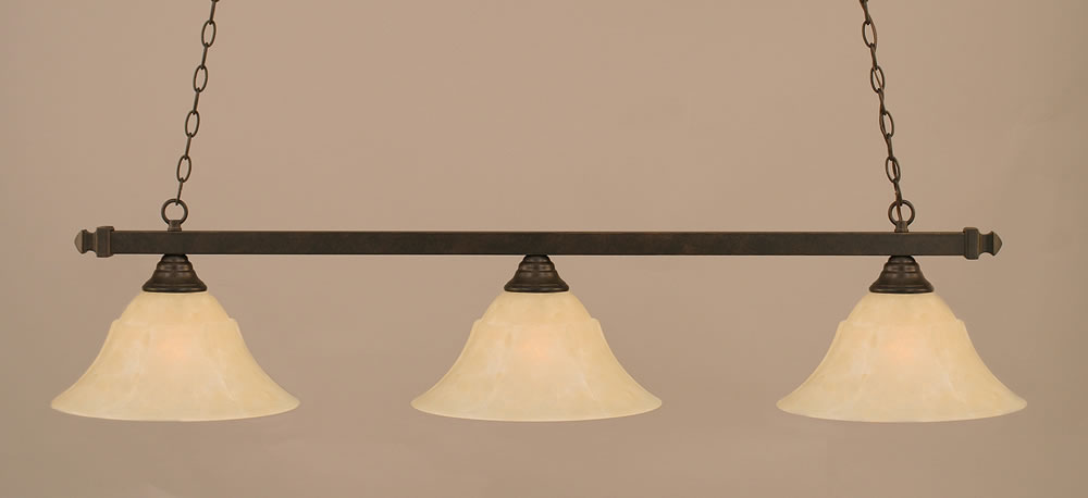 Square 3 Light Billiard Light Shown In Bronze Finish With 15" Green Sunray Tiffany Glass