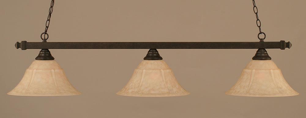 Square 3 Light Billiard Light Shown In Bronze Finish With 15" Purple Sunray Tiffany Glass