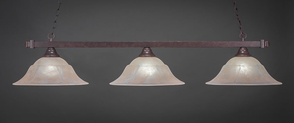 Square 3 Light Billiard Light Shown In Bronze Finish With 16" Amber Dragonfly Tiffany Glass