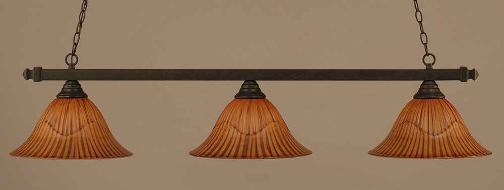 Square 3 Light Billiard Light Shown In Bronze Finish With 15.5" Honey Glass & Green Jewels Tiffany Glass