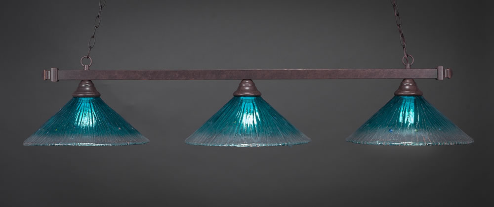Square 3 Light Billiard Light Shown In Dark Granite Finish With 16" Teal Crystal Glass