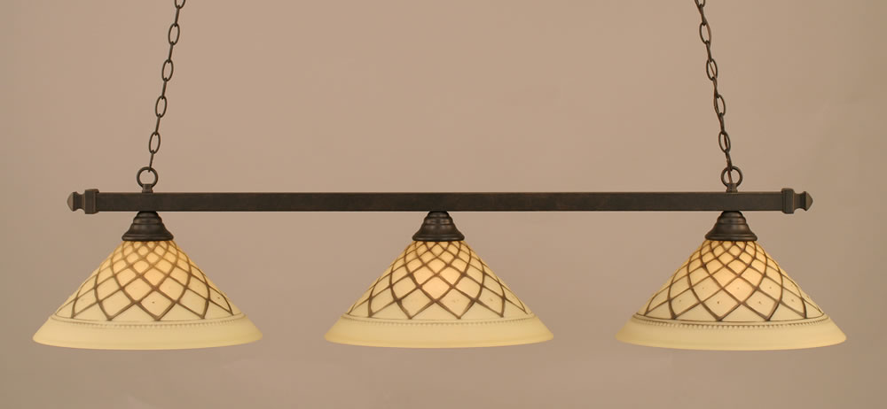 Square 3 Light Billiard Light Shown In Dark Granite Finish With 16" Chocolate Icing Glass
