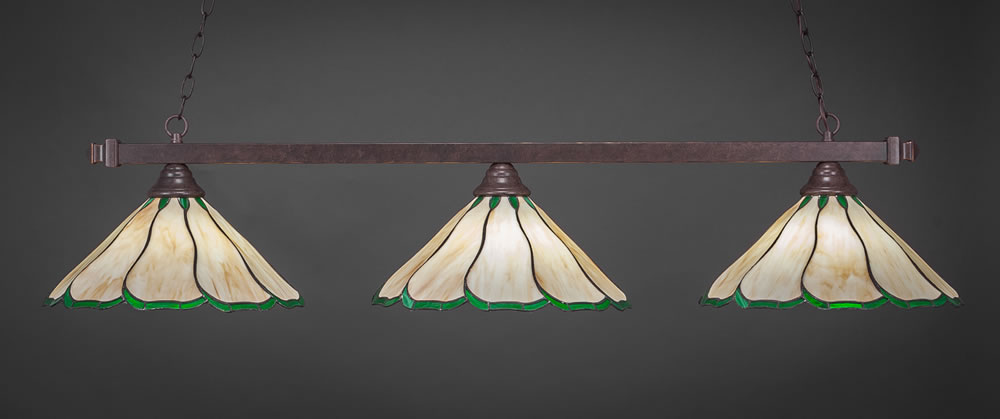 Square 3 Light Billiard Light Shown In Dark Granite Finish With 16" Honey & Hunter Green Flair Tiffany Glass