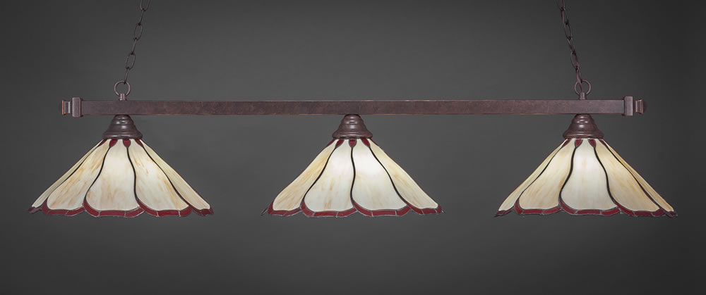 Square 3 Light Billiard Light Shown In Dark Granite Finish With 16" Honey & Burgundy Flair Tiffany Glass