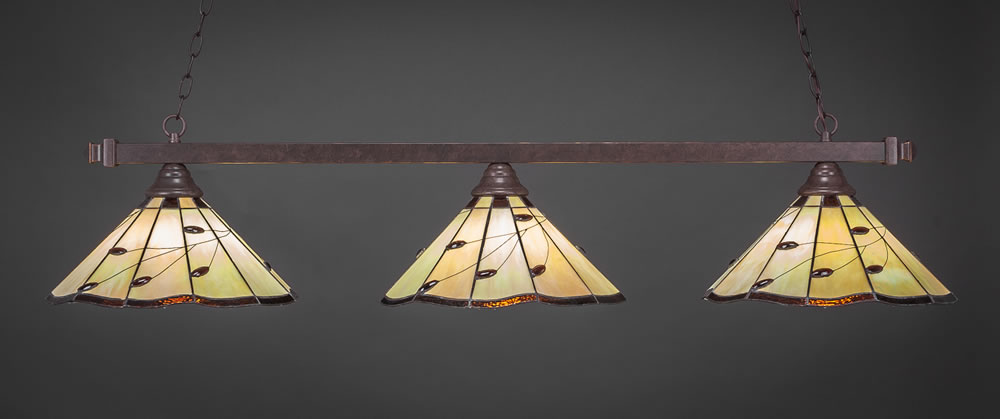 Square 3 Light Billiard Light Shown In Dark Granite Finish With 16" Autumn Leaves Tiffany Glass