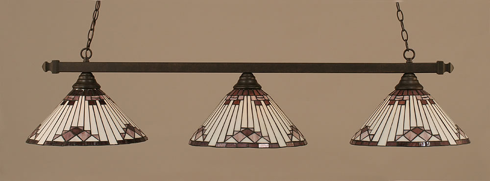 Square 3 Light Billiard Light Shown In Dark Granite Finish With 15" Purple Sunray Tiffany Glass