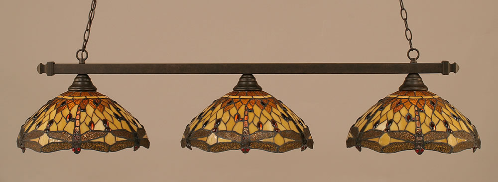 Square 3 Light Billiard Light Shown In Dark Granite Finish With 16" Amber Dragonfly Tiffany Glass