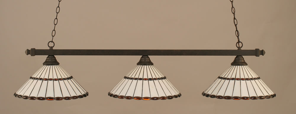 Square 3 Light Billiard Light Shown In Dark Granite Finish With 15.5" Honey Glass & Amber Brown Jewels Tiffany Glass