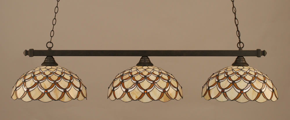 Square 3 Light Billiard Light Shown In Dark Granite Finish With 16" Honey & Brown Scallop Tiffany Glass