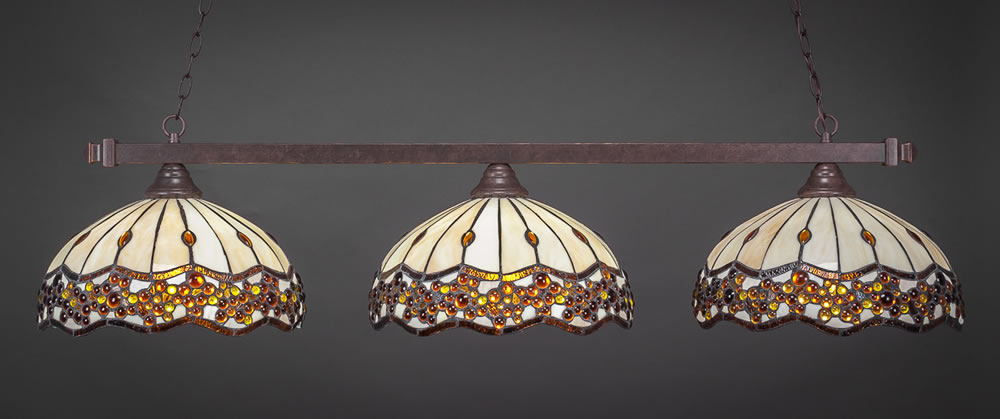 Square 3 Light Billiard Light Shown In Dark Granite Finish With 16" Roman Jewel Tiffany Glass