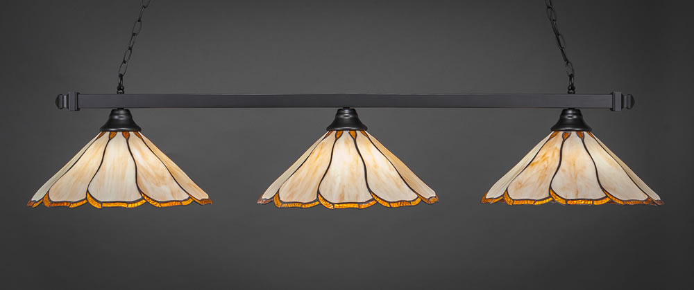 Square 3 Light Bar Shown In Matte Black Finish With 16" Honey & Brown Flair Tiffany Glass