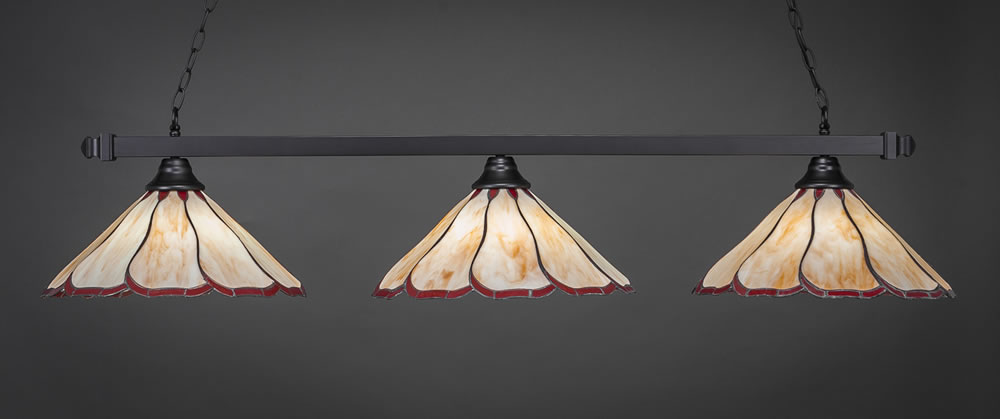Square 3 Light Bar Shown In Matte Black Finish With 16" Honey & Burgundy Flair Tiffany Glass