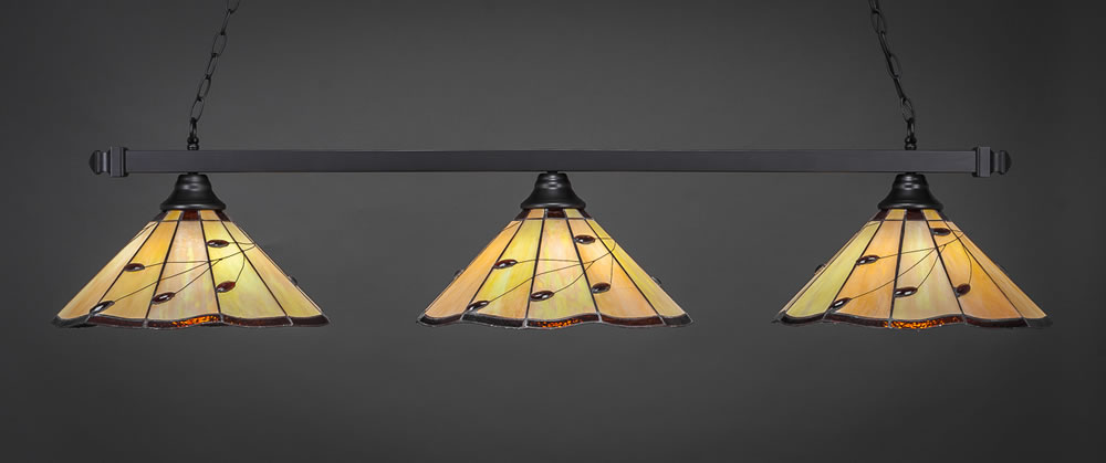 Square 3 Light Bar Shown In Matte Black Finish With 16" Autumn Leaves Tiffany Glass