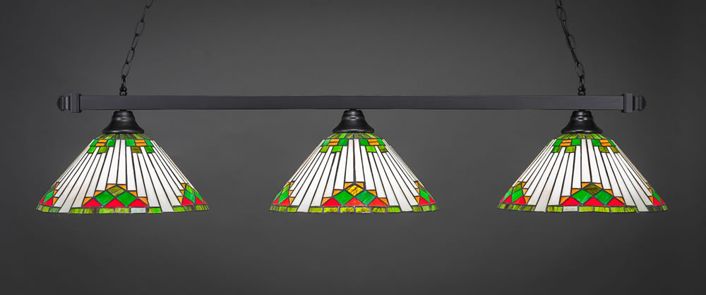 Square 3 Light Bar Shown In Matte Black Finish With 15" Green Sunray Tiffany Glass