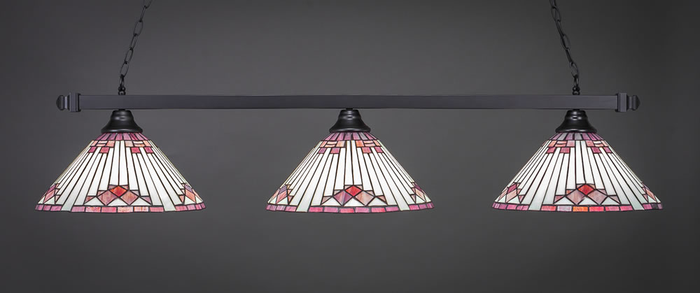 Square 3 Light Bar Shown In Matte Black Finish With 15" Purple Sunray Tiffany Glass