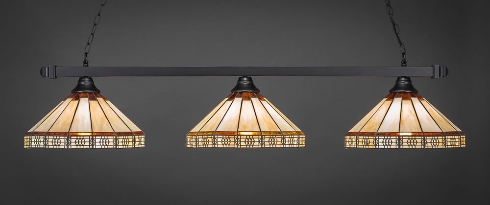 Square 3 Light Bar Shown In Matte Black Finish With 15" Honey & Brown Mission Tiffany Glass