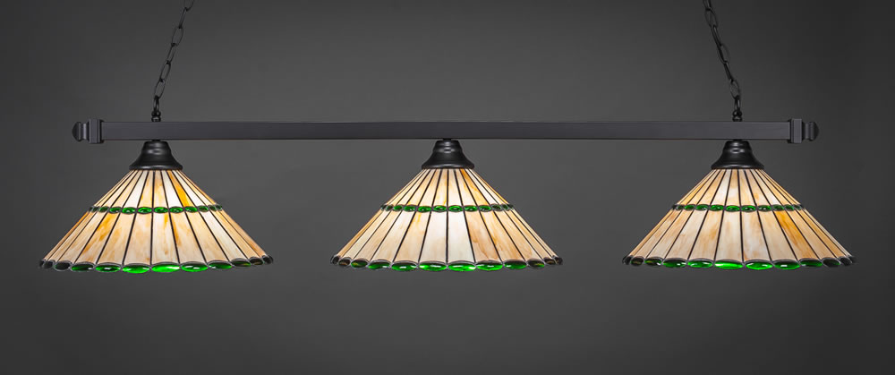 Square 3 Light Bar Shown In Matte Black Finish With 15.5" Honey Glass & Green Jewels Tiffany Glass