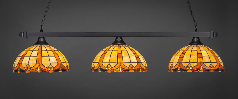 Square 3 Light Bar Shown In Matte Black Finish With 14.5" Butterscotch Tiffany Glass