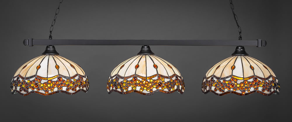 Square 3 Light Bar Shown In Matte Black Finish With 16" Roman Jewel Tiffany Glass