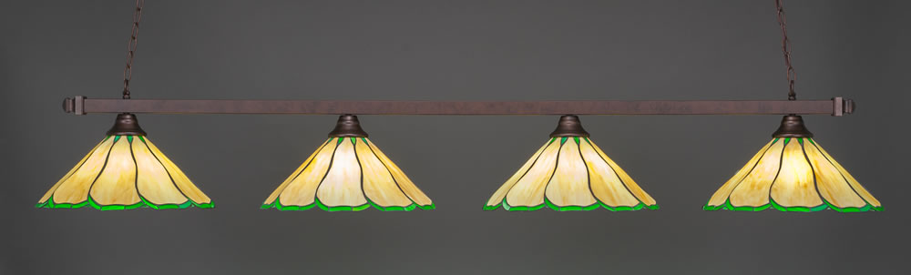 Square 4 Light Bar Shown In Bronze Finish With 16" Honey & Hunter Green Flair Tiffany Glass