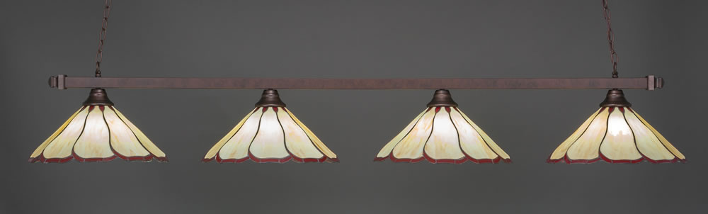Square 4 Light Bar Shown In Bronze Finish With 16" Honey & Burgundy Flair Tiffany Glass