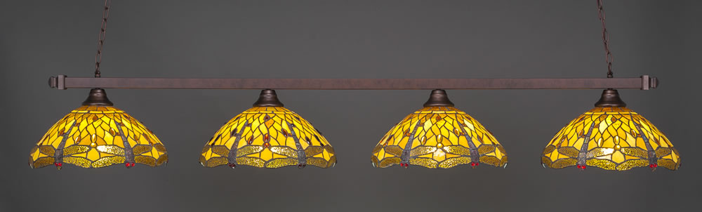 Square 4 Light Bar Shown In Bronze Finish With 16" Amber Dragonfly Tiffany Glass