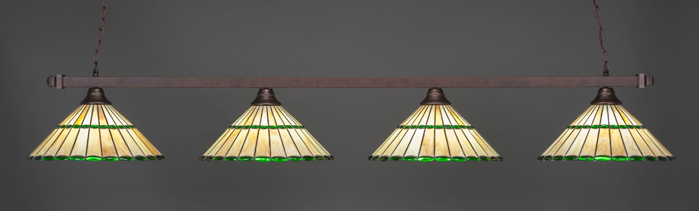 Square 4 Light Bar Shown In Bronze Finish With 15.5" Honey Glass & Green Jewels Tiffany Glass