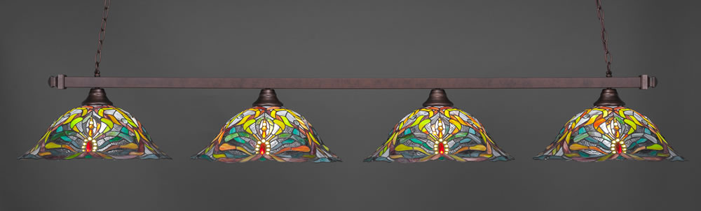 Square 4 Light Bar Shown In Bronze Finish With 19" Kaleidoscope Tiffany Glass