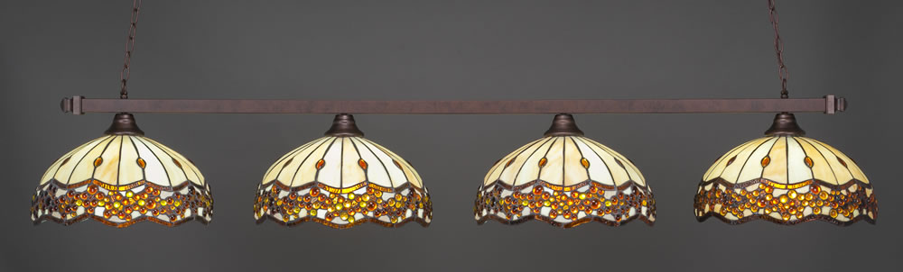 Square 4 Light Bar Shown In Bronze Finish With 16" Roman Jewel Tiffany Glass