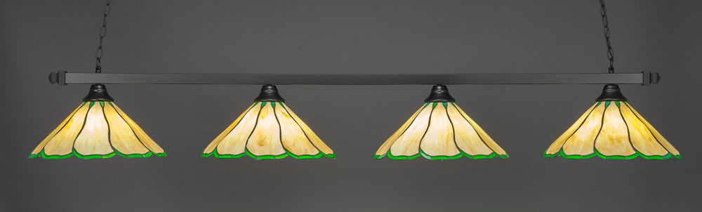 Square 4 Light Bar Shown In Matte Black Finish With 16" Honey & Hunter Green Flair Tiffany Glass