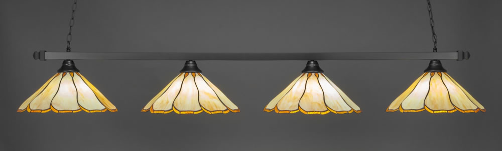 Square 4 Light Bar Shown In Matte Black Finish With 16" Honey & Brown Flair Tiffany Glass
