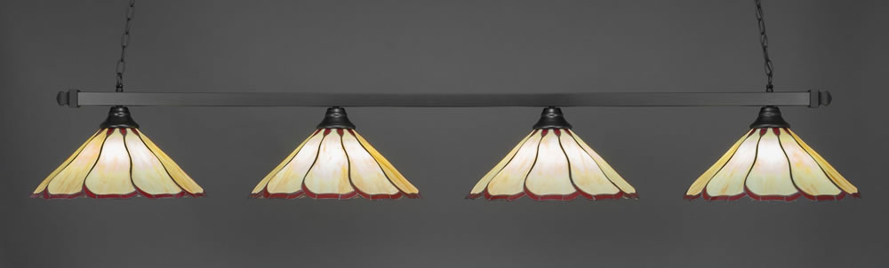 Square 4 Light Bar Shown In Matte Black Finish With 16" Honey & Burgundy Flair Tiffany Glass