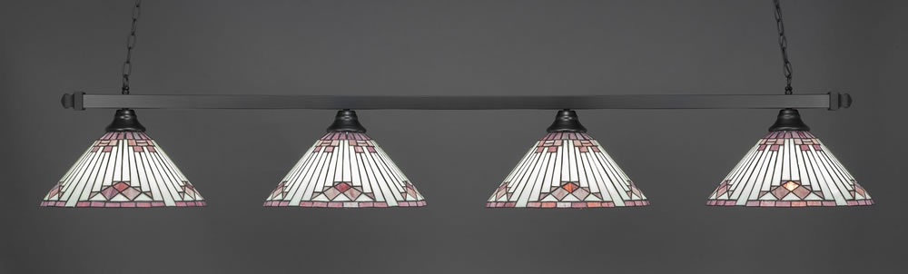 Square 4 Light Bar Shown In Matte Black Finish With 15" Purple Sunray Tiffany Glass