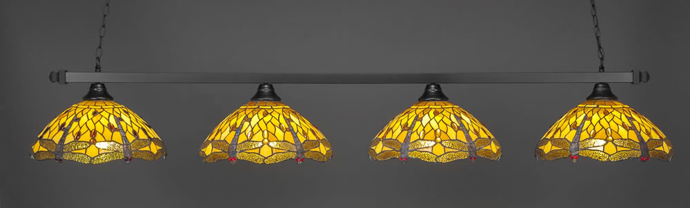 Square 4 Light Bar Shown In Matte Black Finish With 16" Amber Dragonfly Tiffany Glass