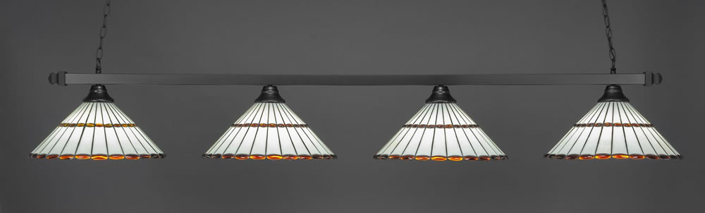 Square 4 Light Bar Shown In Matte Black Finish With 15.5" Honey Glass & Amber Brown Jewels Tiffany Glass
