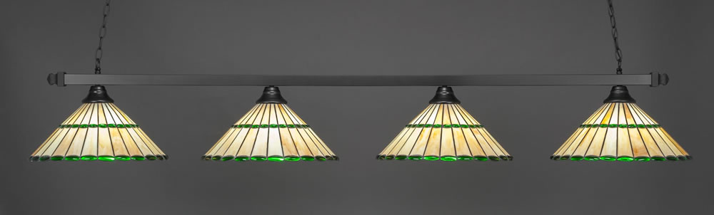 Square 4 Light Bar Shown In Matte Black Finish With 15.5" Honey Glass & Green Jewels Tiffany Glass